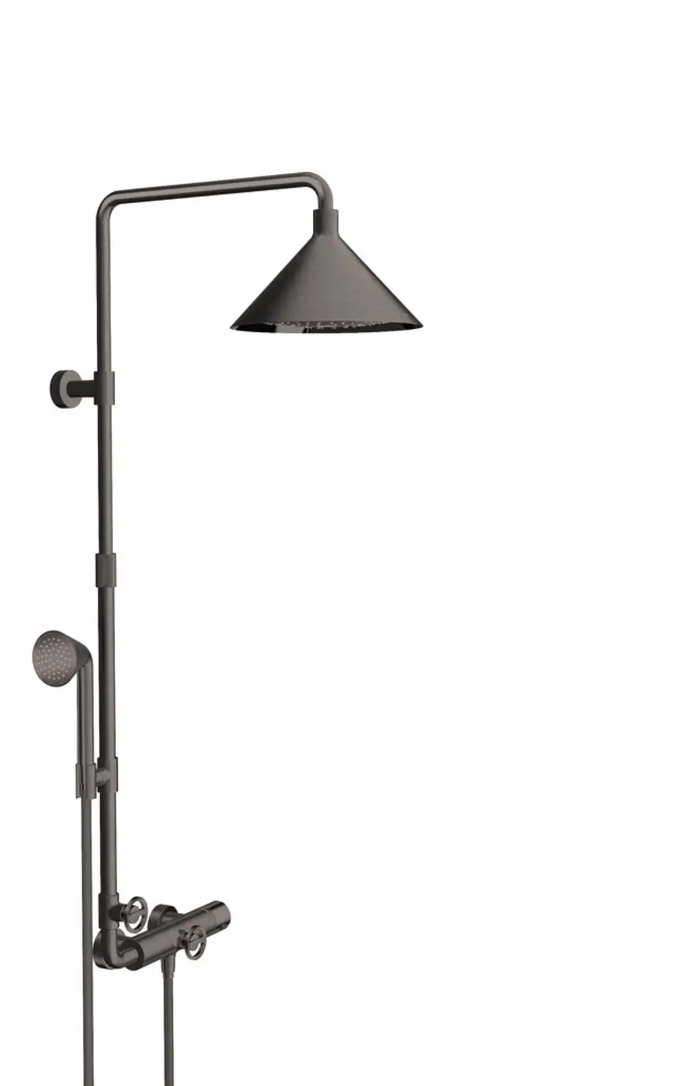 Thermostat-Duschenarmatur von AXOR mit Kopfbrause und Handbrause in gebürstetem Schwarzchrom. Design mit geraden Linien und einfacher Montage.